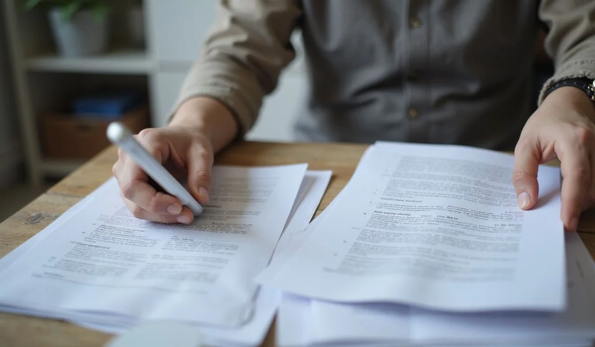 Person reviewing two document sets, everyday setting