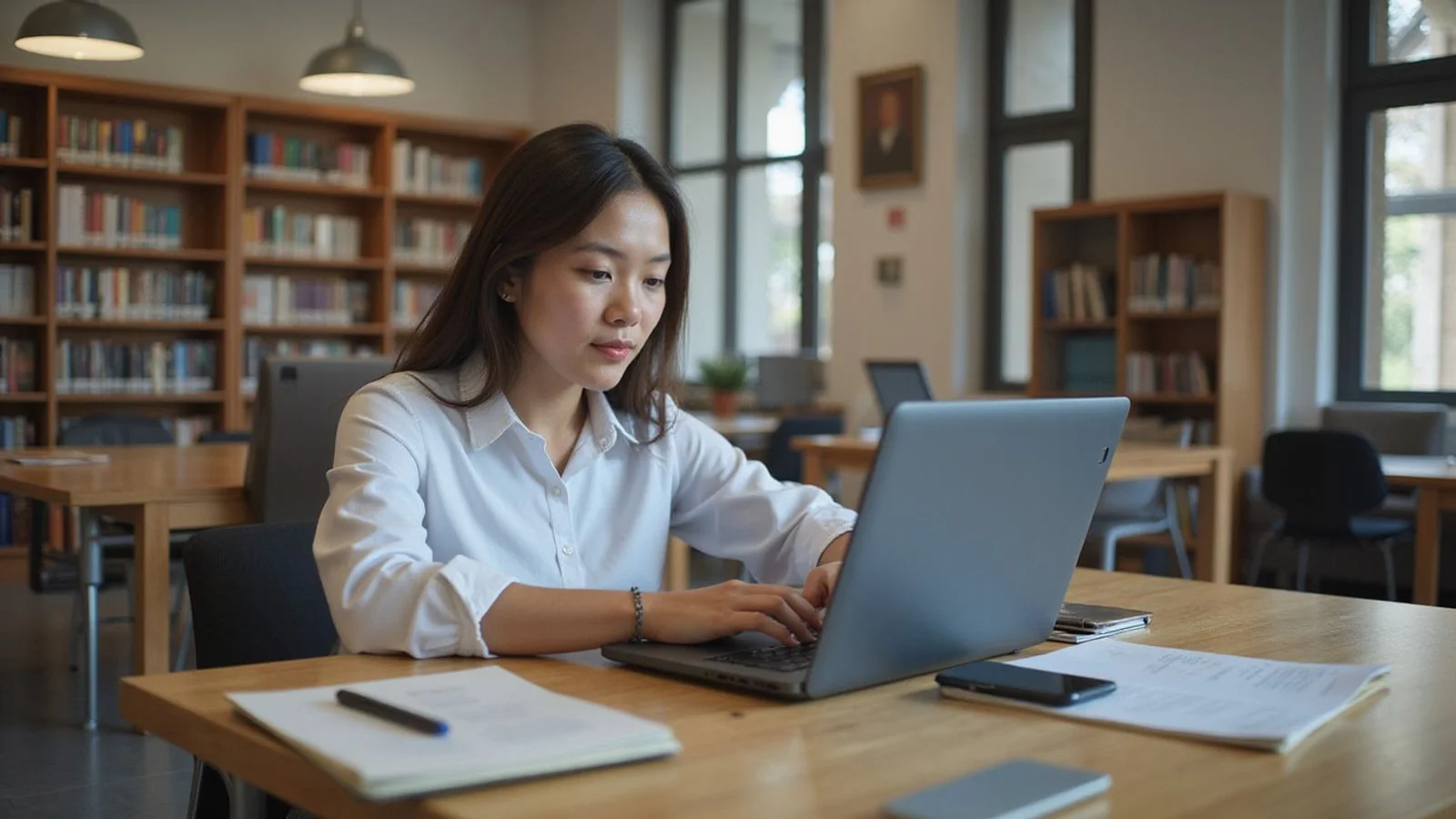 Person searching legal aid resources on a laptop at a library, candid