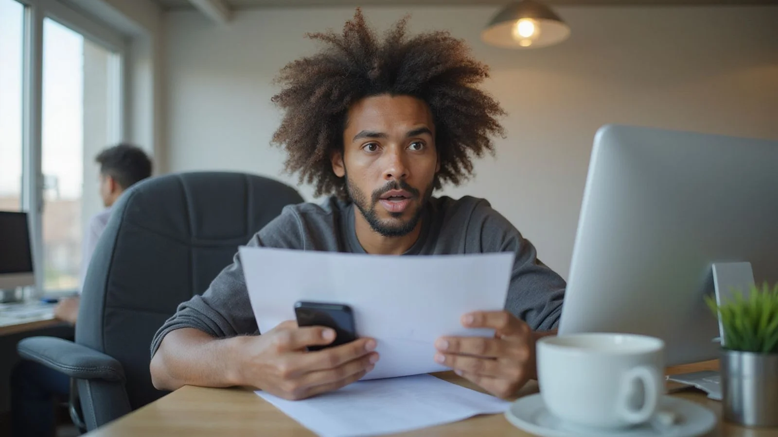 Person surprised at a screening report at a desk, candid daylight