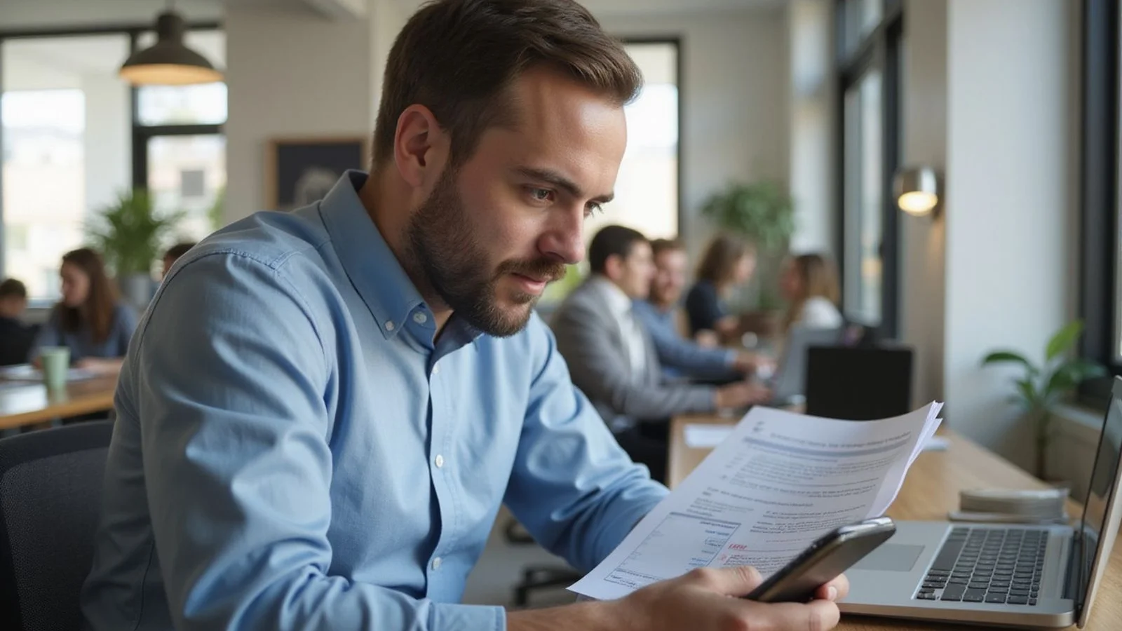 Person surprised while reading a screening report at a desk, candid
