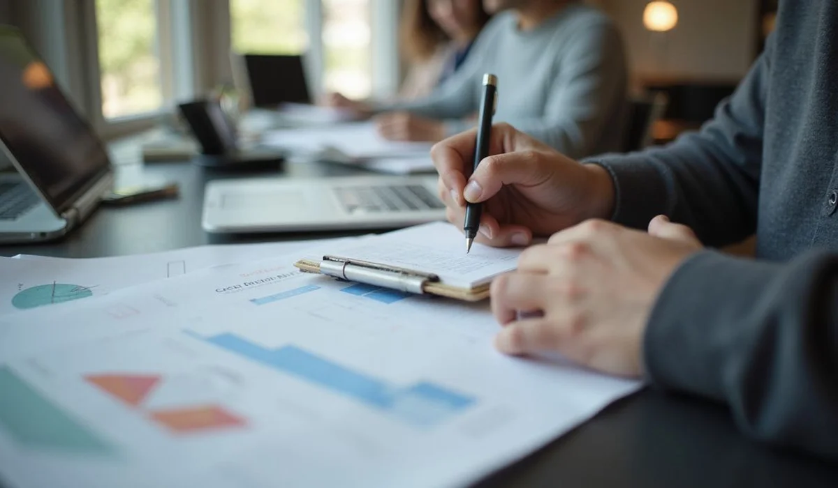 Person taking notes while reviewing paperwork