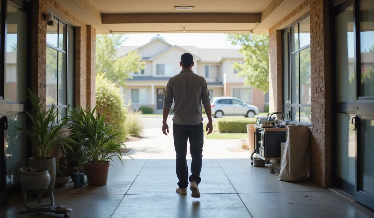 Person touring an apartment breezeway, everyday setting
