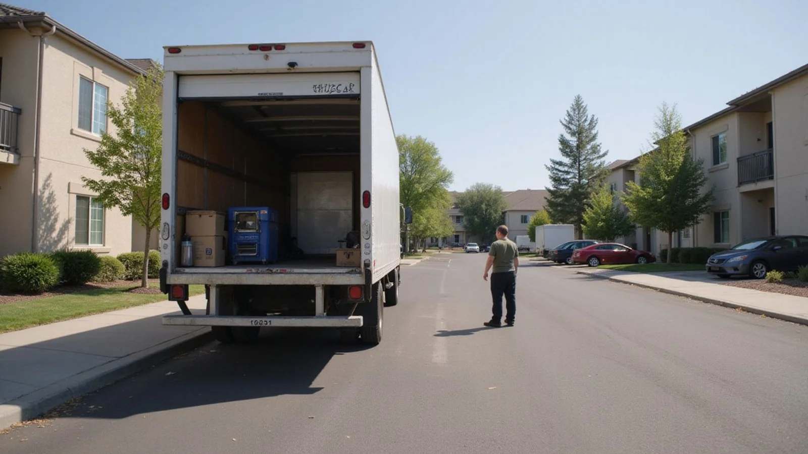 Person unloading a moving truck in an apartment lot, hard Texas sun