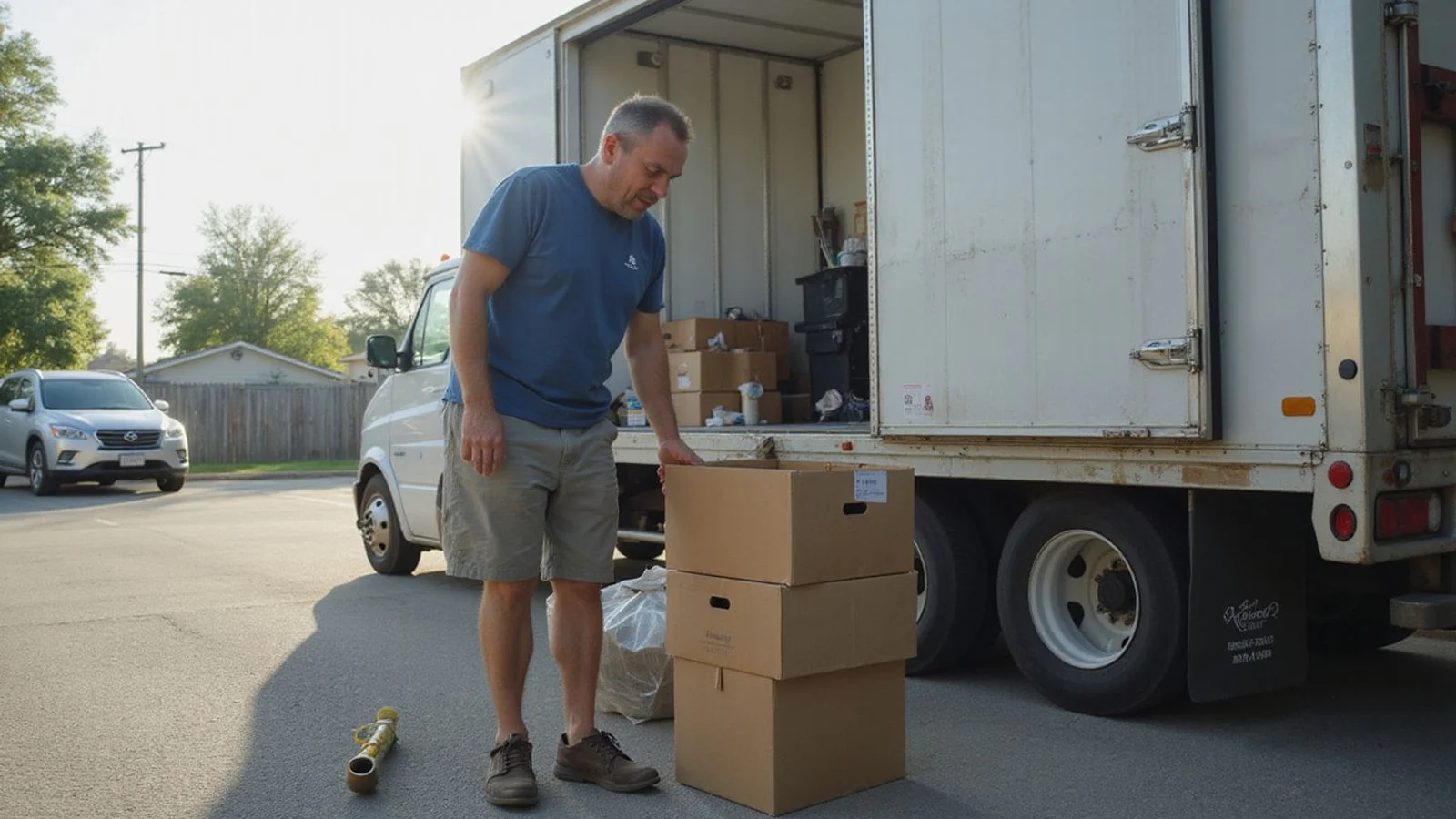 Person unloading a truck at an apartment lot, hard Texas sun
