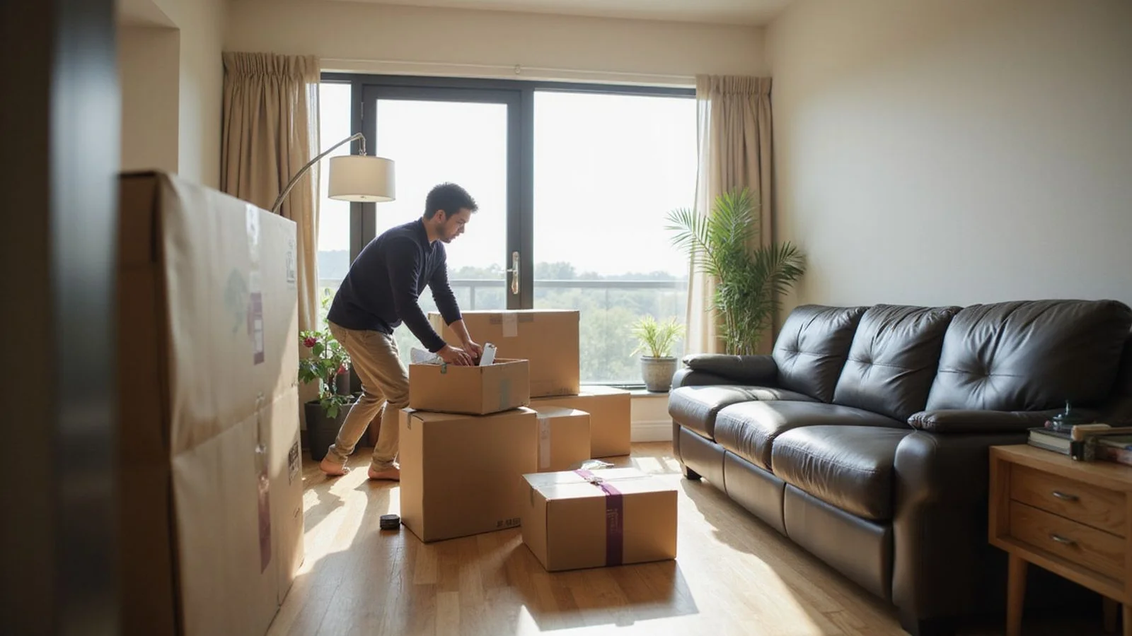 Person unpacking boxes in a new apartment, hard Texas light, candid