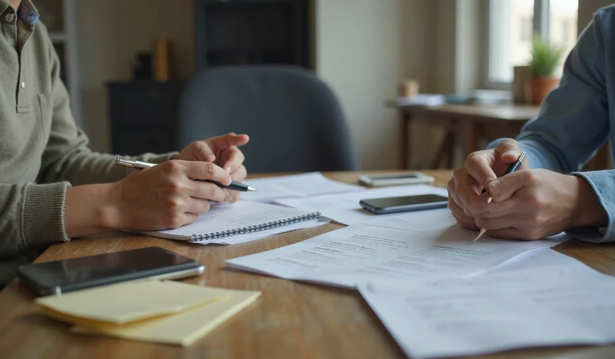 Person weighing options with notes at a desk, everyday setting