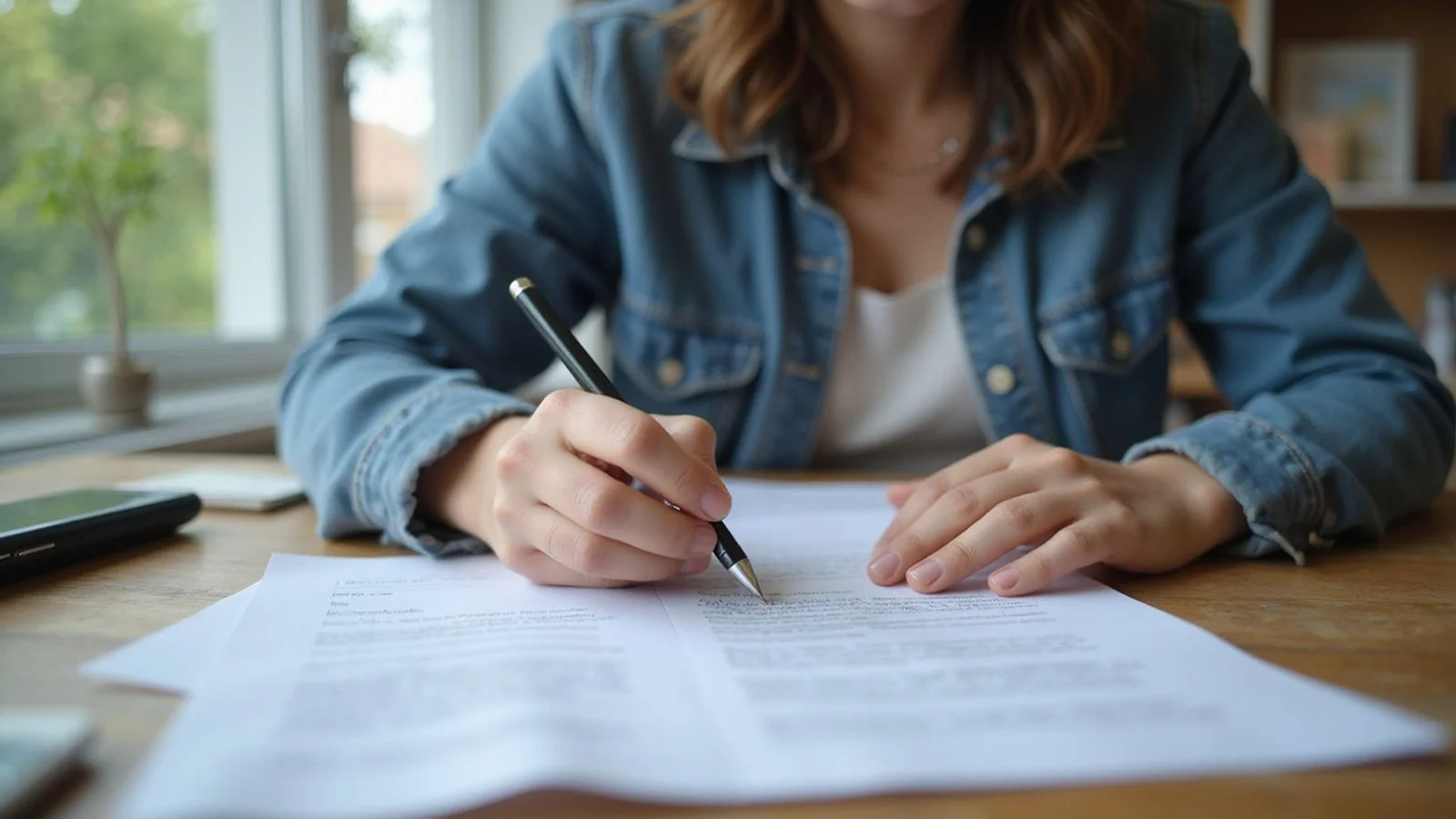 Person writing a dispute letter at a desk with documents, candid