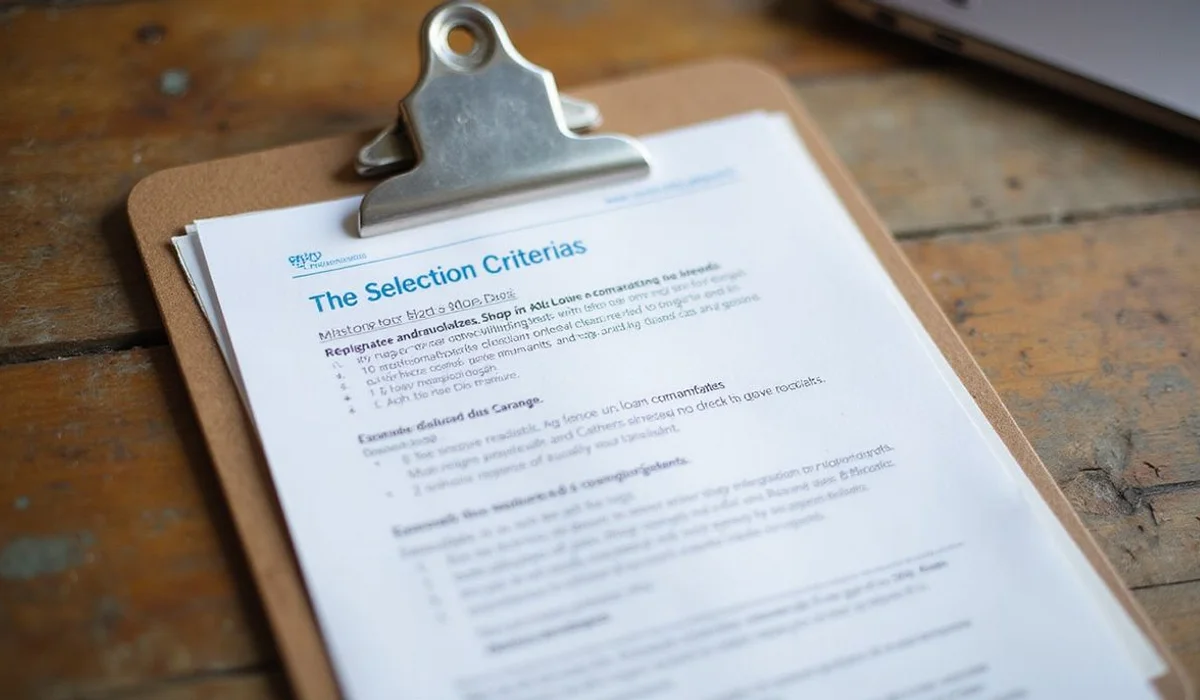 Printed selection criteria document on a clipboard