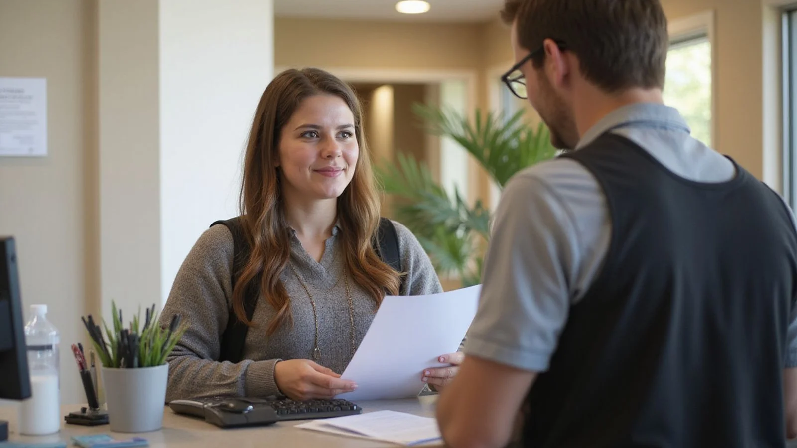 Renter at a Texas leasing office reviewing a misdemeanor-friendly apartment lease