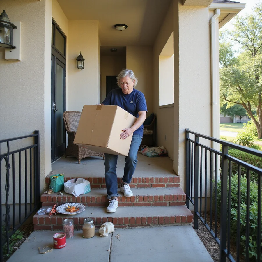Renter carrying moving box up breezeway stairs at garden-style apartment complex in Austin, Texas