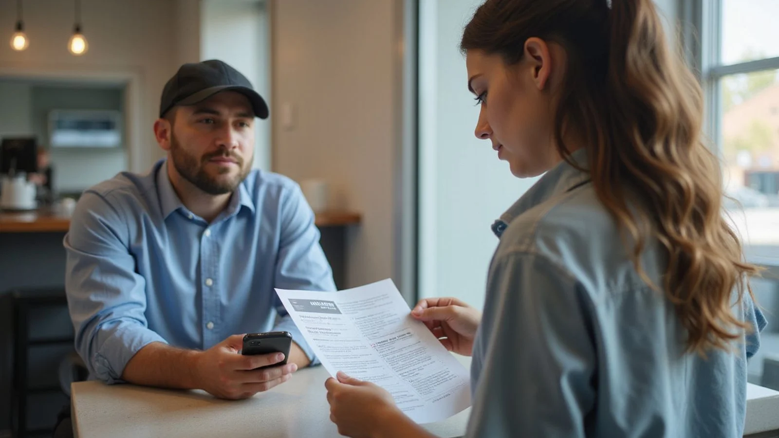 Renter reading a rental criteria disclosure at a leasing counter, candid