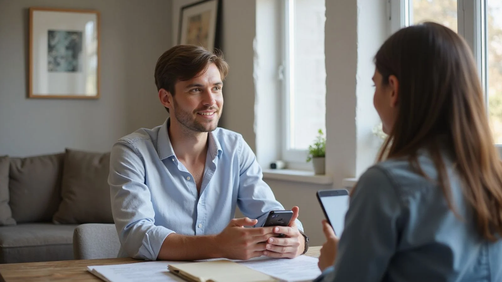 Renter speaking candidly with a leasing agent, natural light