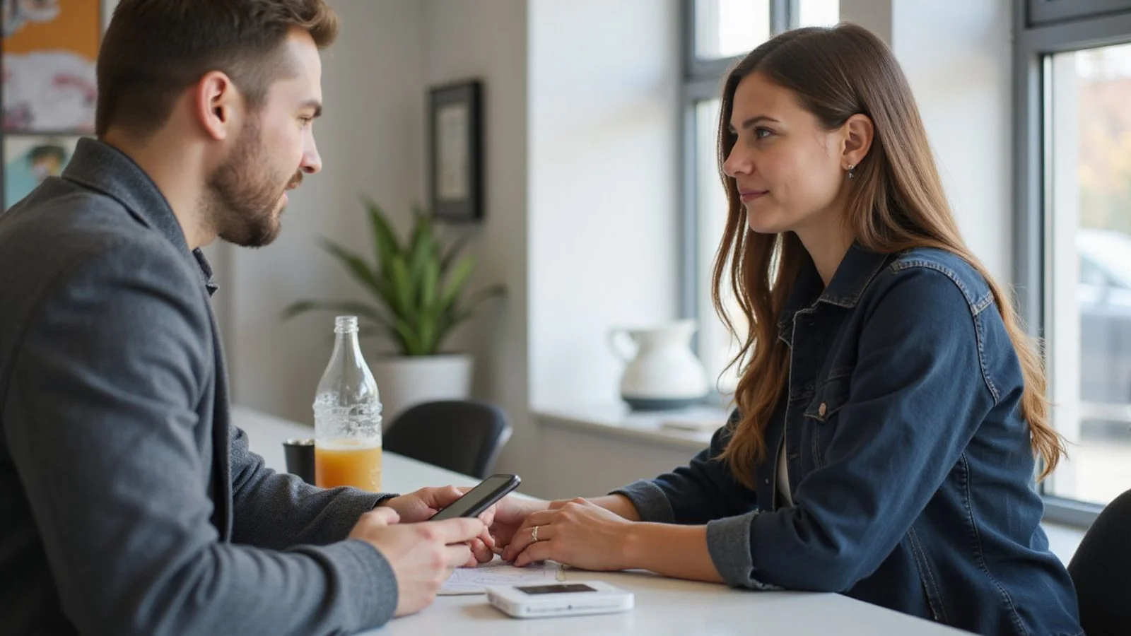 Renter talking with a leasing agent at a desk, candid light
