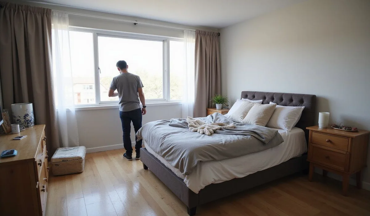 Setting up a bedroom in an empty apartment, everyday setting
