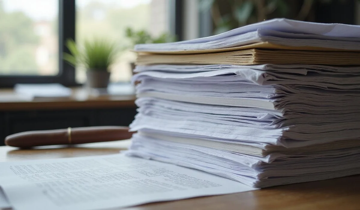 Stack of legal reference documents on a desk, everyday setting