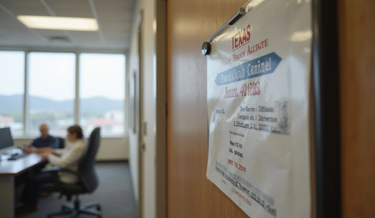 Texas real estate license displayed on an office wall, close-up