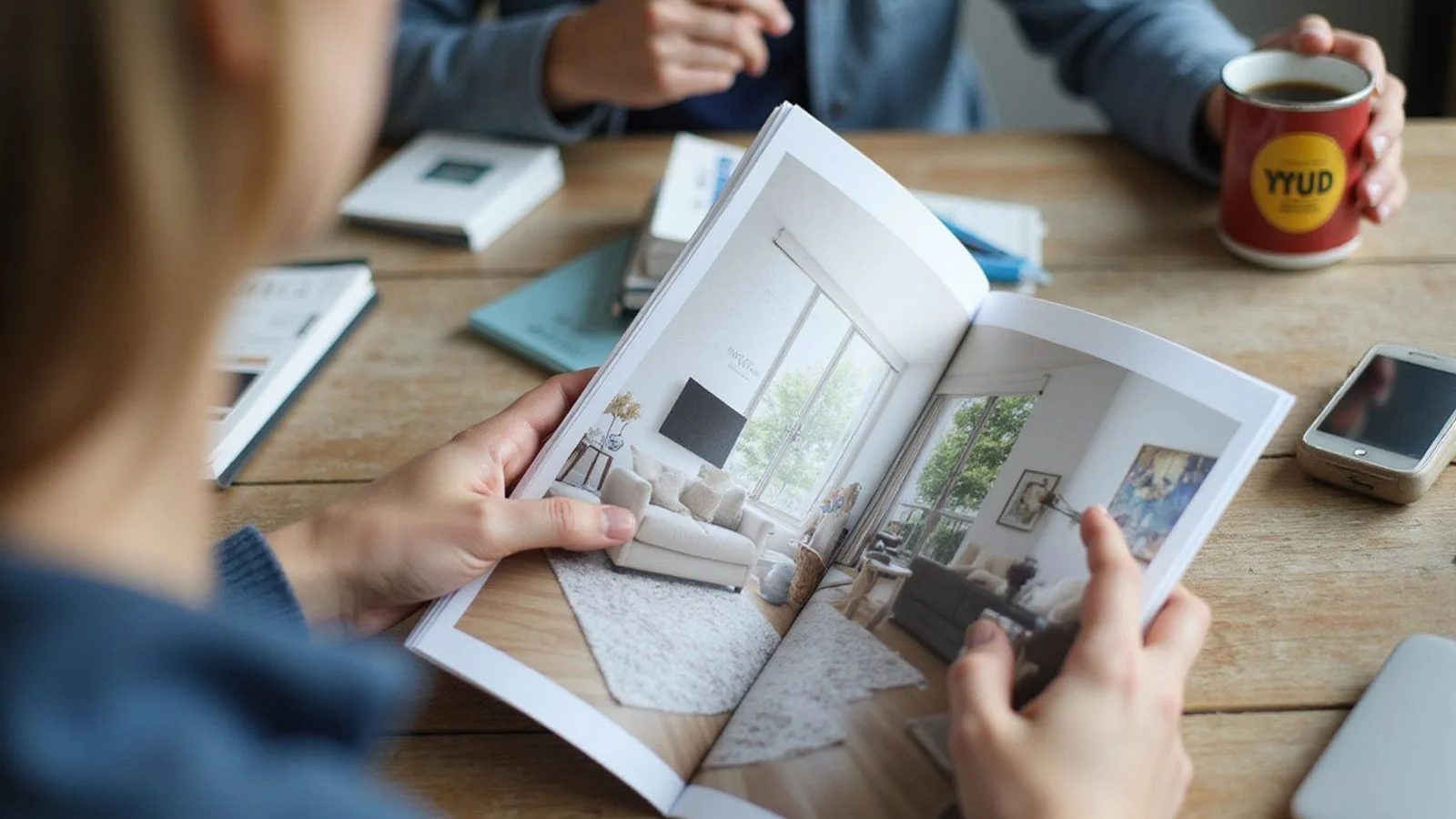 Two apartment brochures compared on a desk, candid daytime
