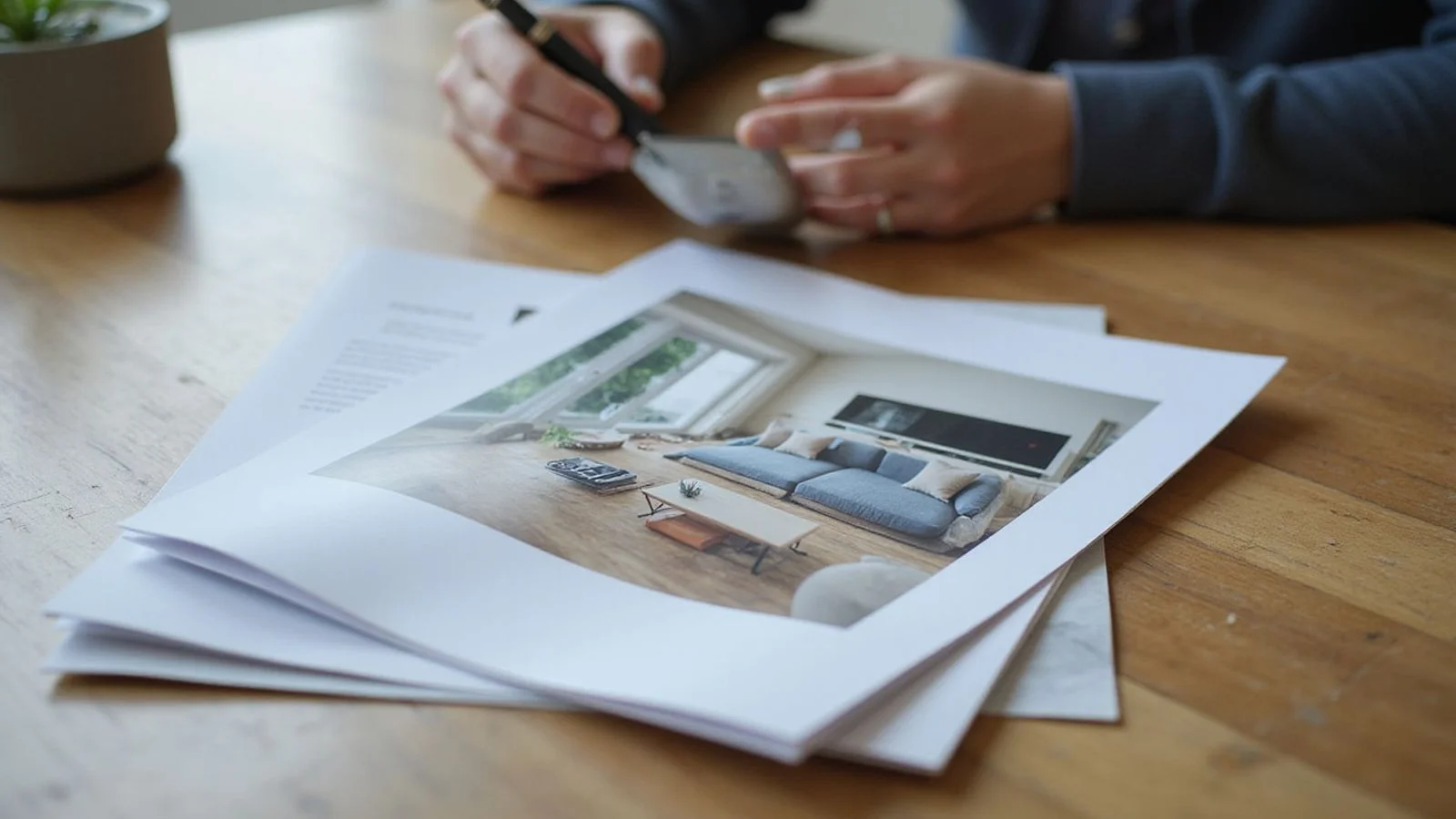 Two apartment brochures compared on a table, candid daylight