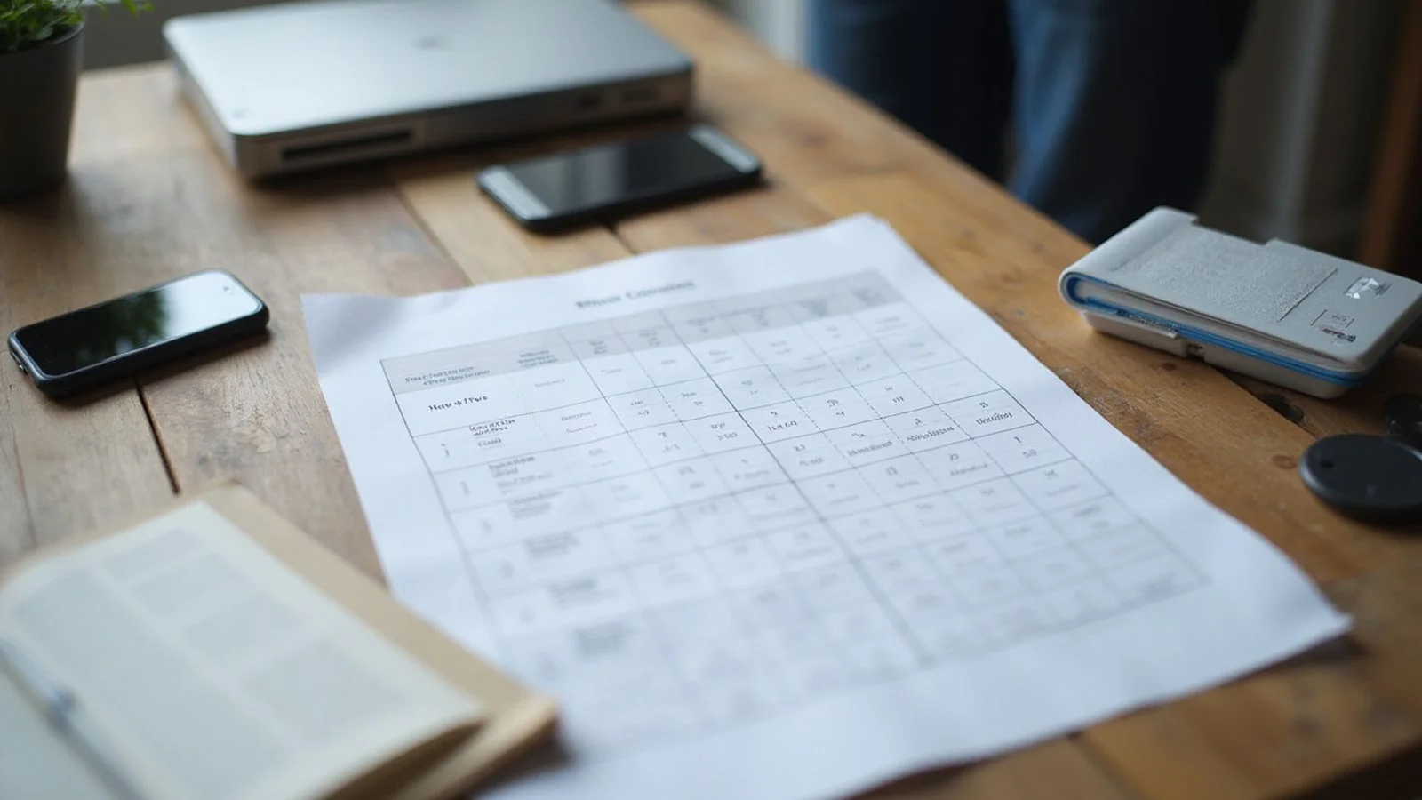 Two-column comparison chart printed on a desk, candid light