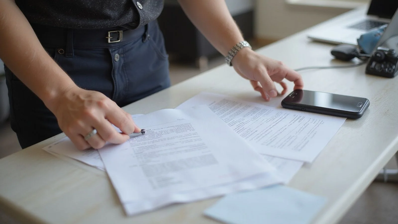 Two documents compared on a desk, candid natural light