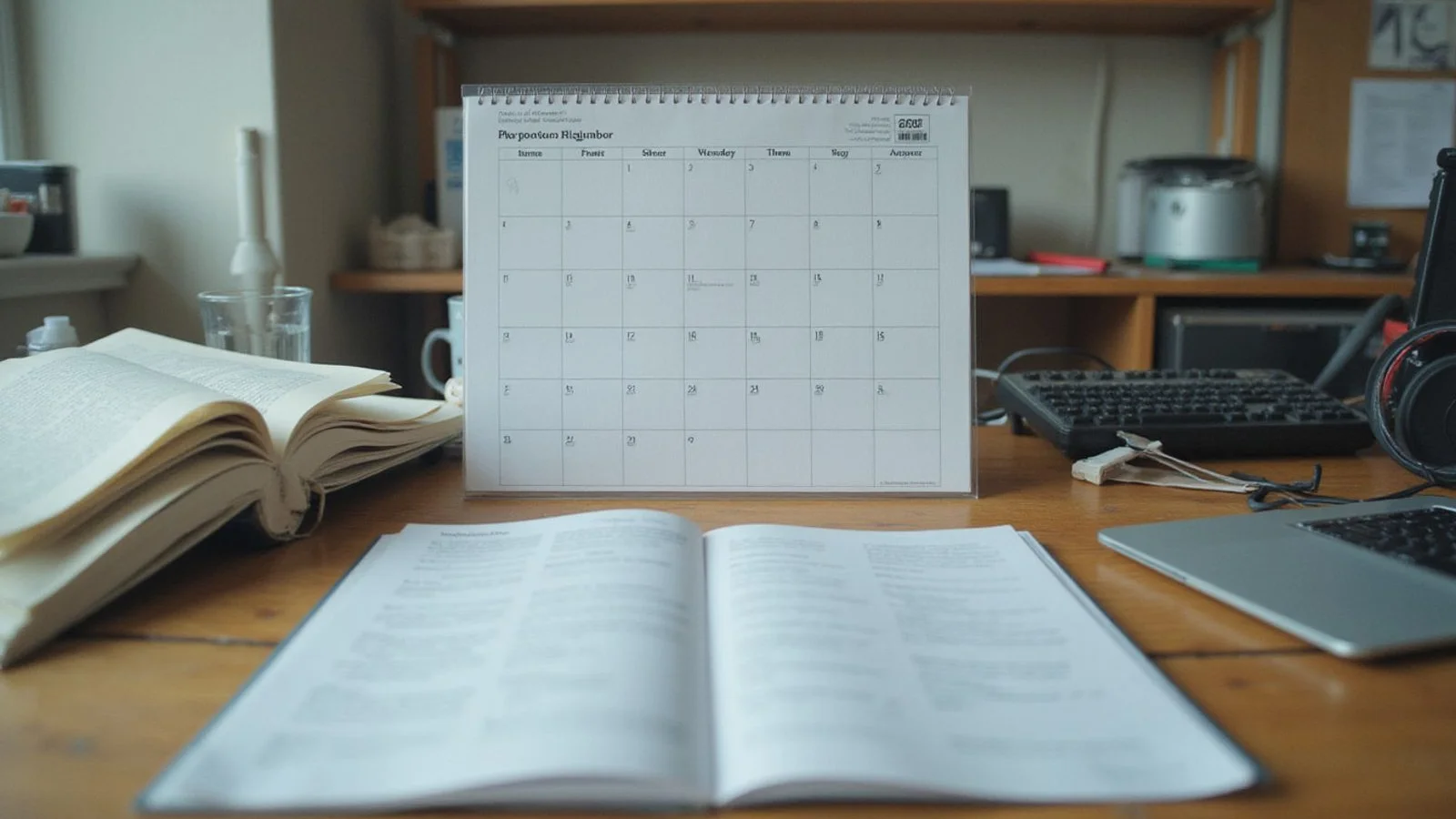Wall calendar and documents on a desk, candid natural light