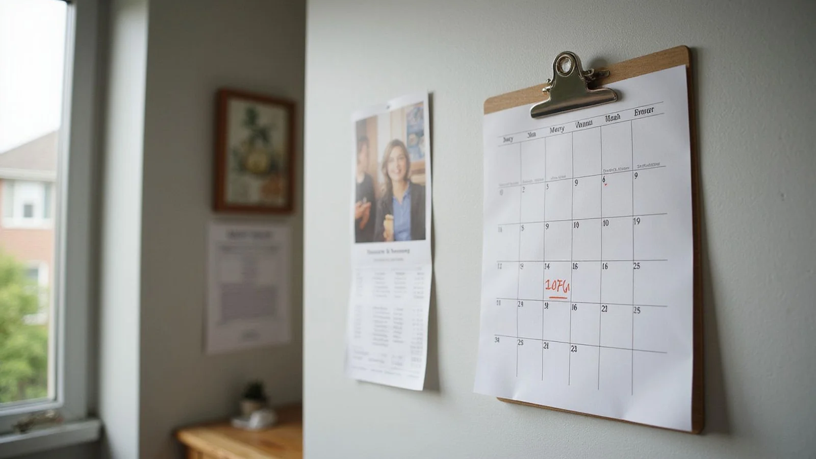 Wall calendar next to apartment paperwork, candid natural light
