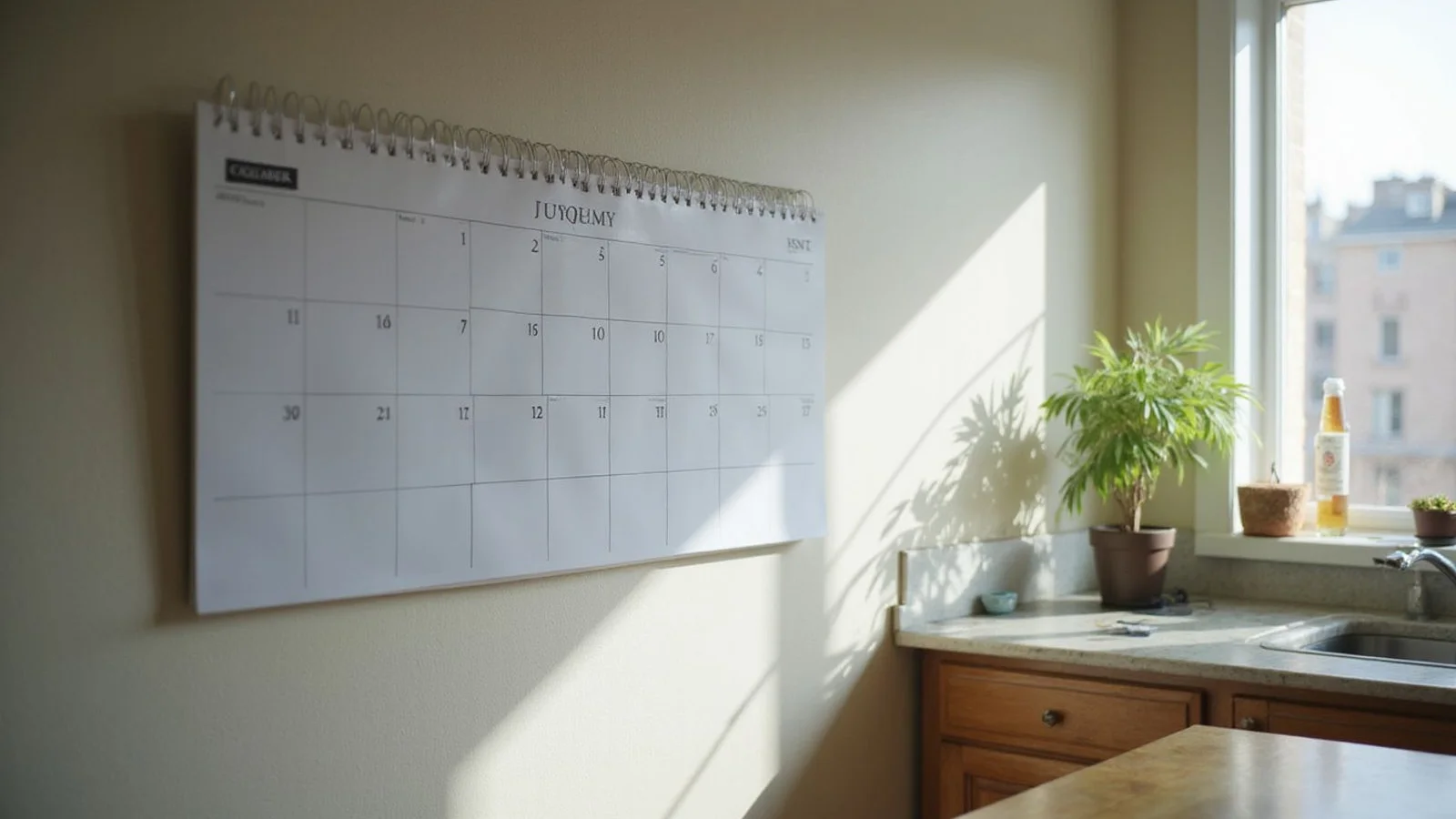 Wall calendar with dates marked in an apartment kitchen, candid